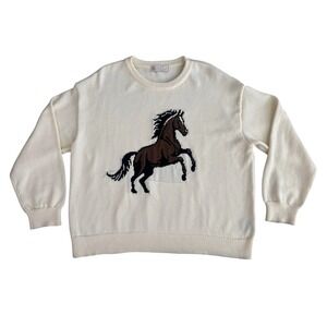 Leela & Lavender Horse Knit Sweater Women's Large Western Chic Cream Neutral
